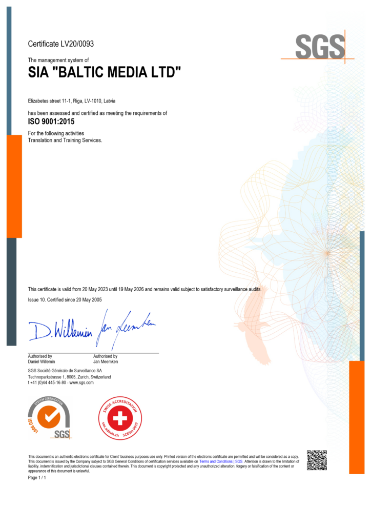 Translation quality ISO 9001 certificate
