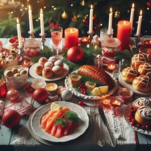Traditional foods include julskinka (Christmas ham) in Sweden