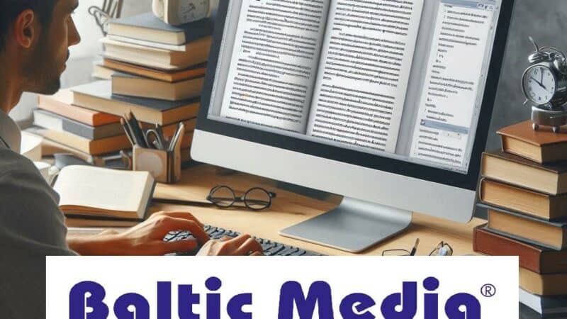 Professionell översättare som granskar maskinöversatt text på dator för Baltic Media